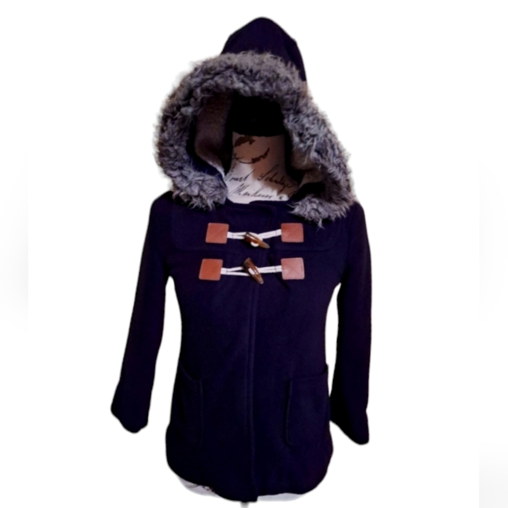 Old Navy Girls Toggle Hooded Faux Fur Jacket Size M Navy Blue